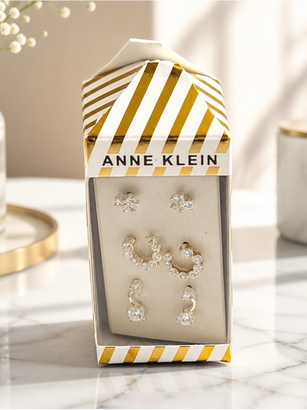 Anne Klein Gold-Tone Crystal Earring Set - Clear Stones